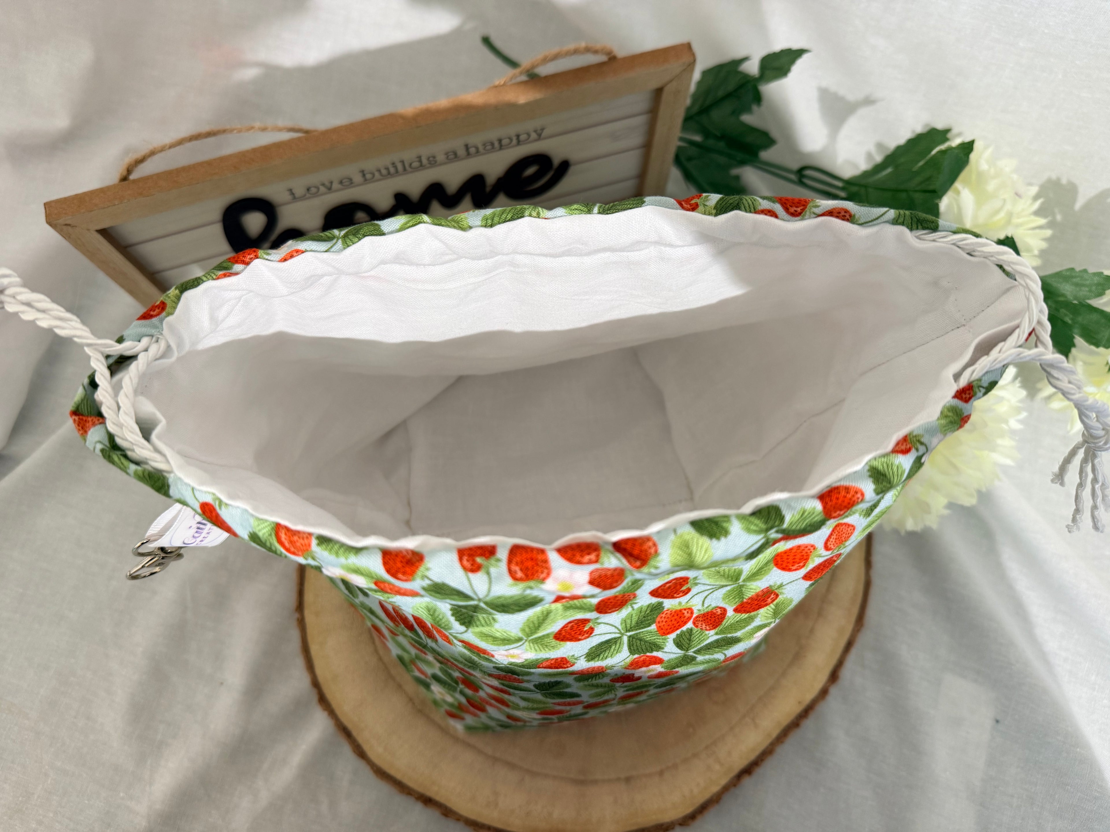 Handmade strawberry fabric Knitting Project Bag, Reversible Drawstring Pouch ideal for sock size projects