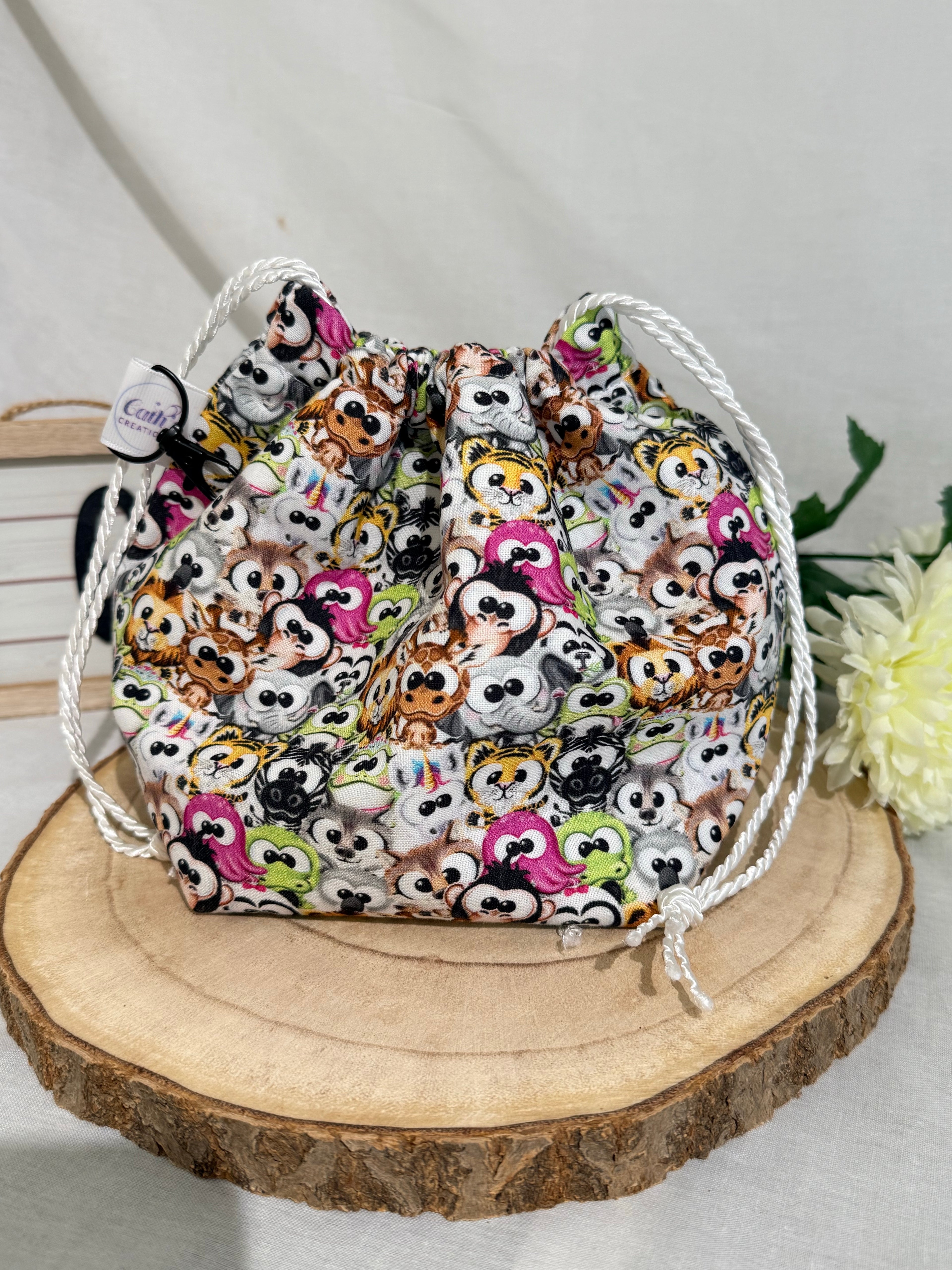 Handmade character eyes fabric Knitting Project Bag, Reversible Drawstring Pouch ideal for sock size projects