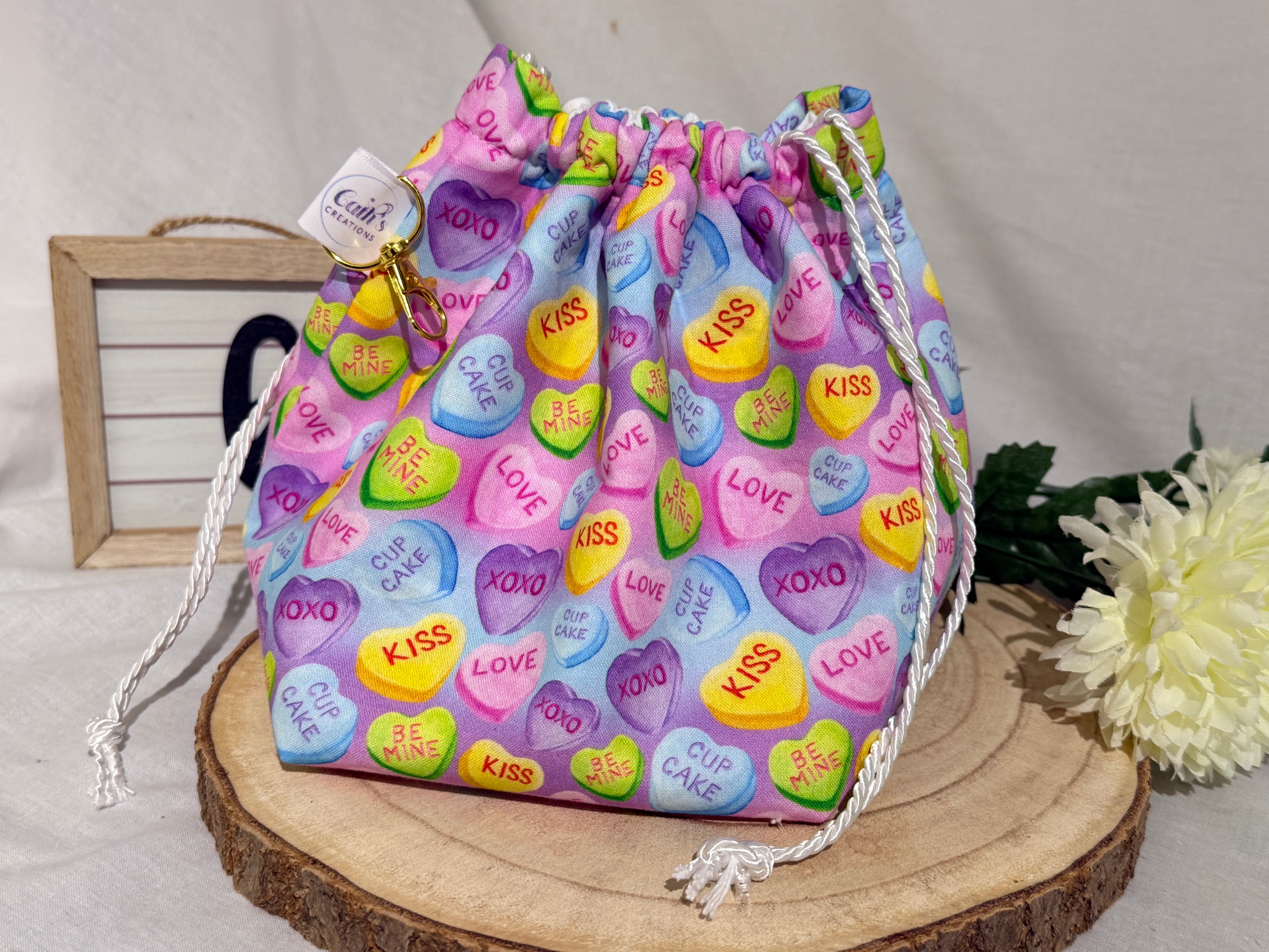 Handmade love heart messages fabric Knitting Project Bag, Reversible Drawstring Pouch ideal for sock size projects