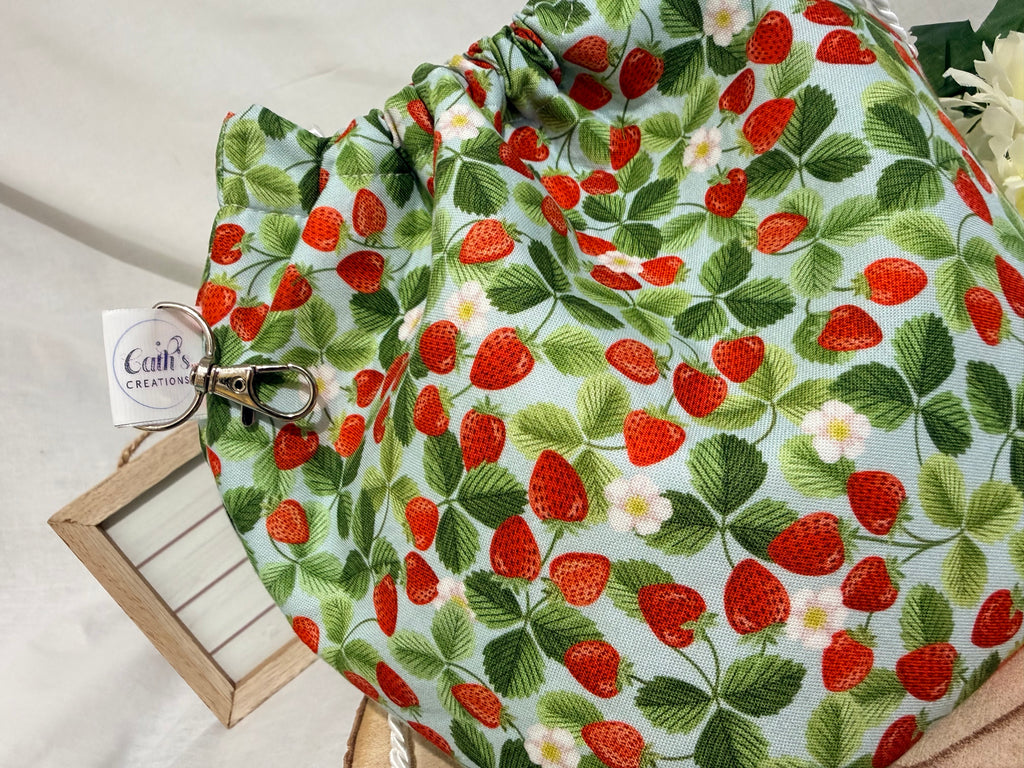 Handmade strawberry fabric Knitting Project Bag, Reversible Drawstring Pouch ideal for sock size projects