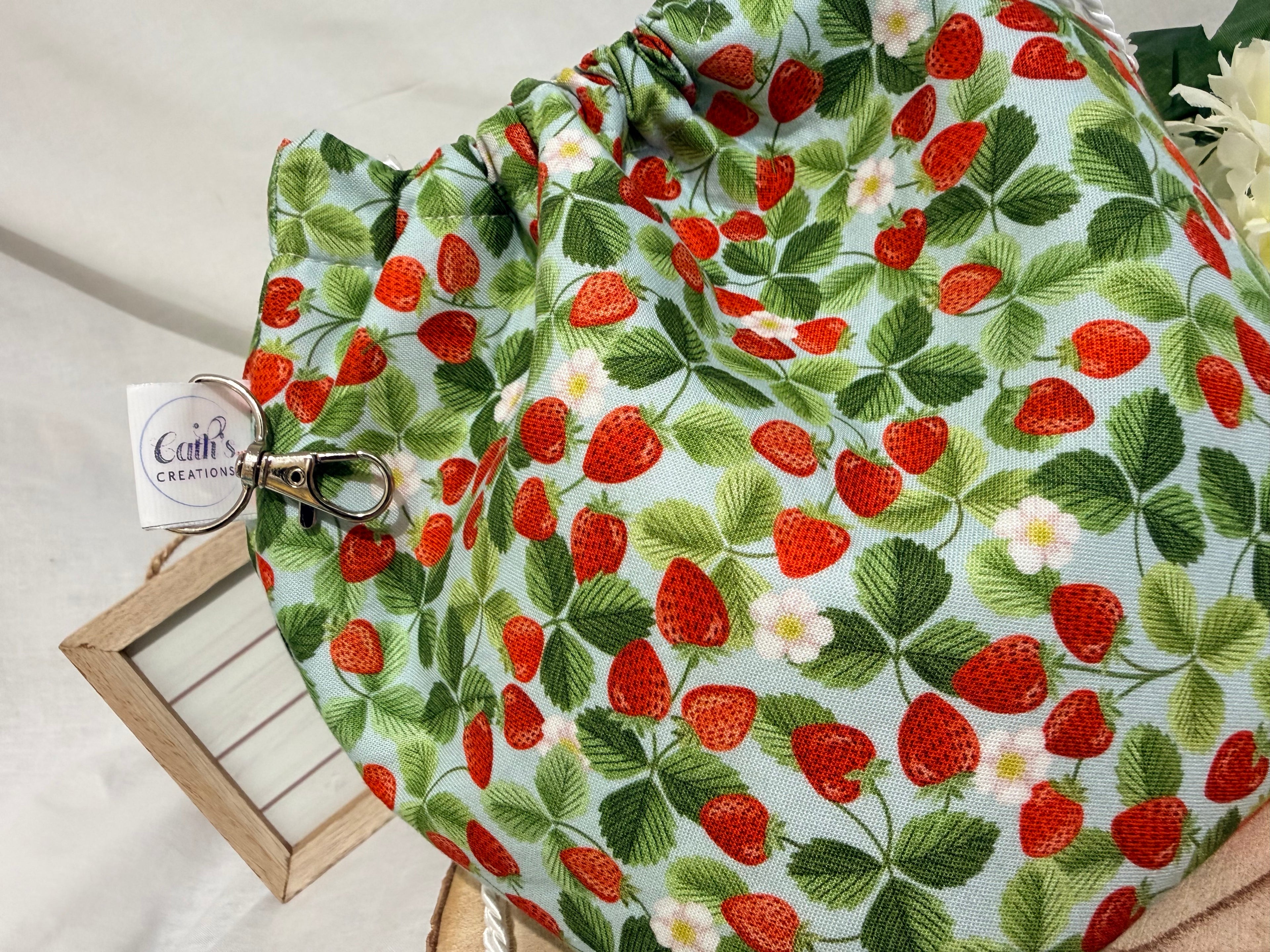 Handmade strawberry fabric Knitting Project Bag, Reversible Drawstring Pouch ideal for sock size projects