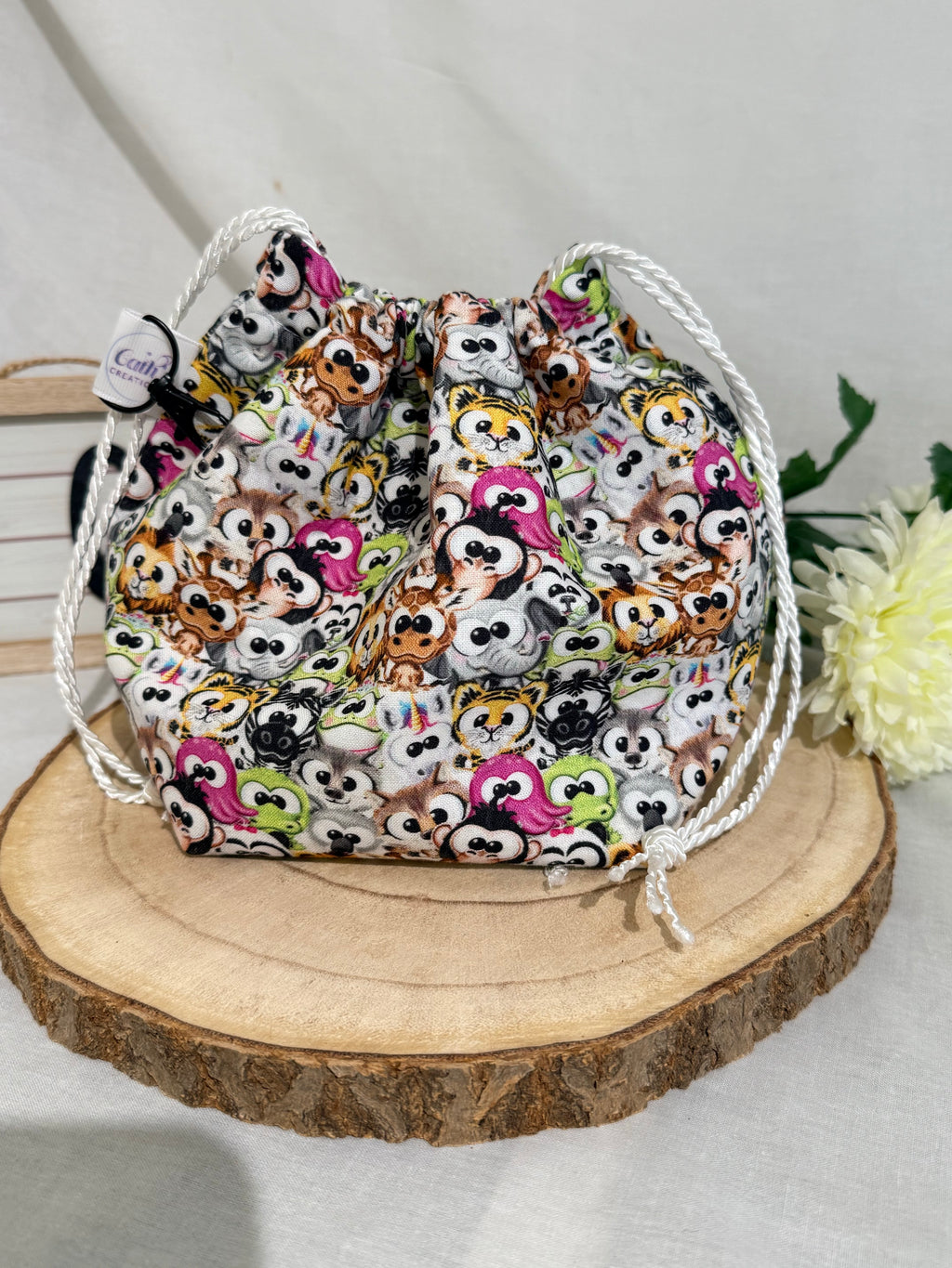 Handmade character eyes fabric Knitting Project Bag, Reversible Drawstring Pouch ideal for sock size projects