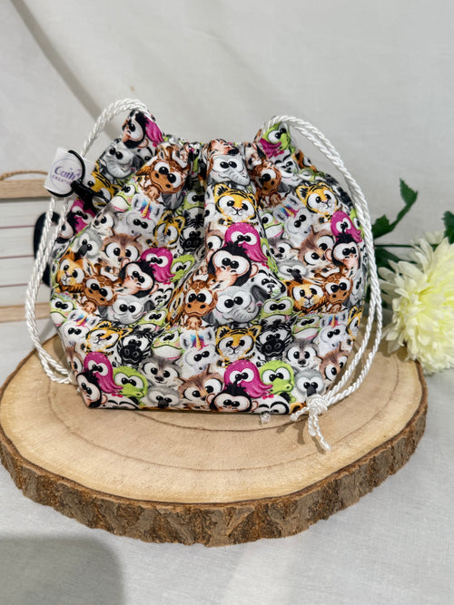 Handmade character eyes fabric Knitting Project Bag, Reversible Drawstring Pouch ideal for sock size projects