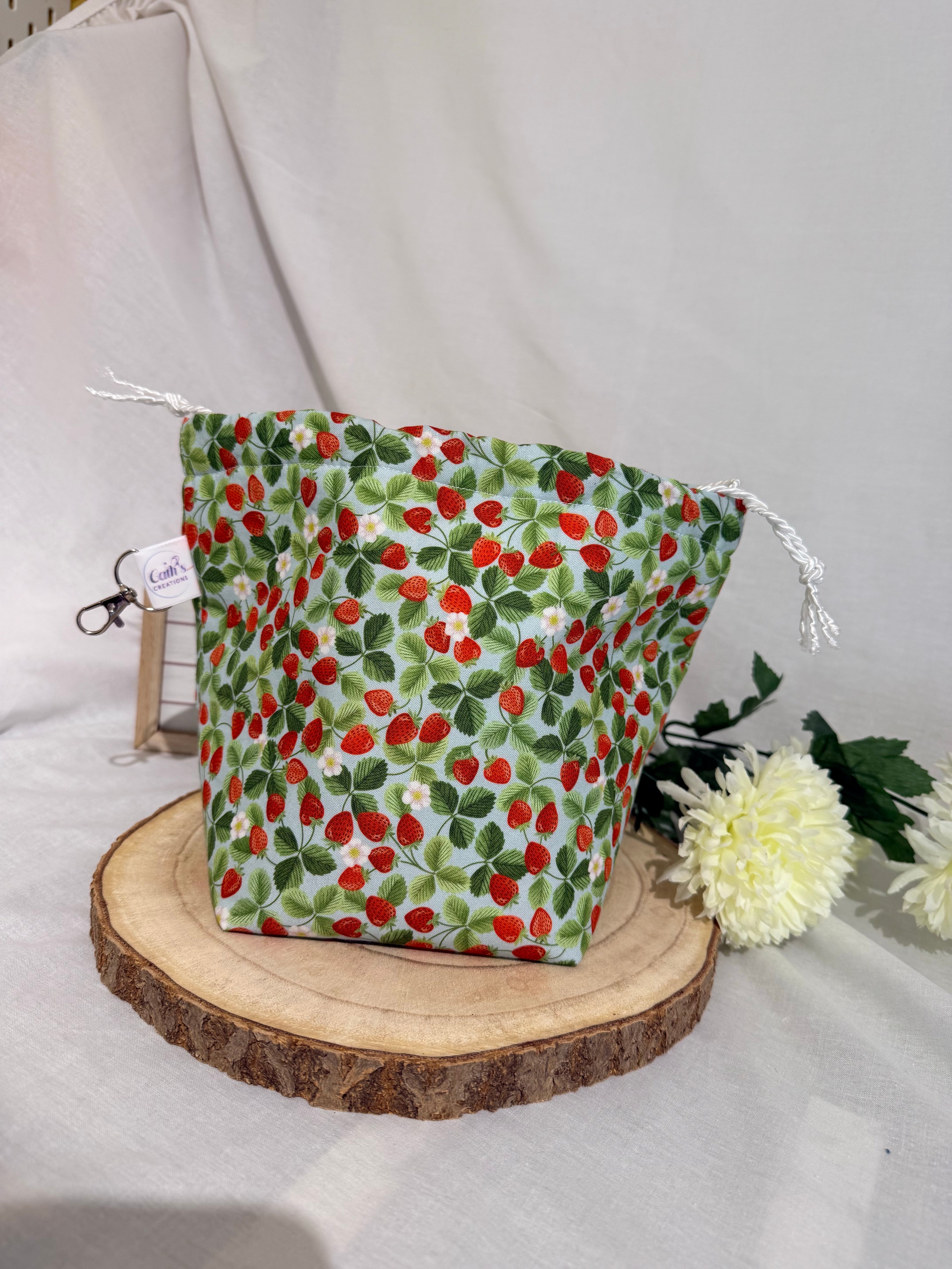 Handmade strawberry fabric Knitting Project Bag, Reversible Drawstring Pouch ideal for sock size projects