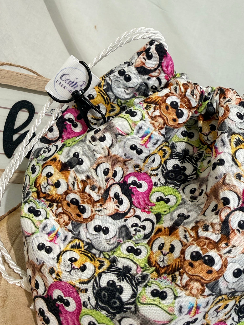 Handmade character eyes fabric Knitting Project Bag, Reversible Drawstring Pouch ideal for sock size projects
