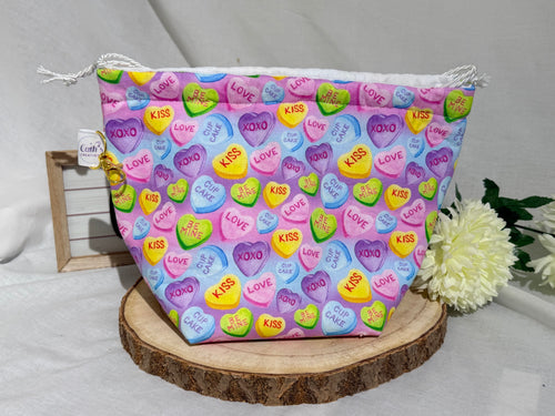 Handmade love heart messages fabric Knitting Project Bag, Reversible Drawstring Pouch ideal for sock size projects