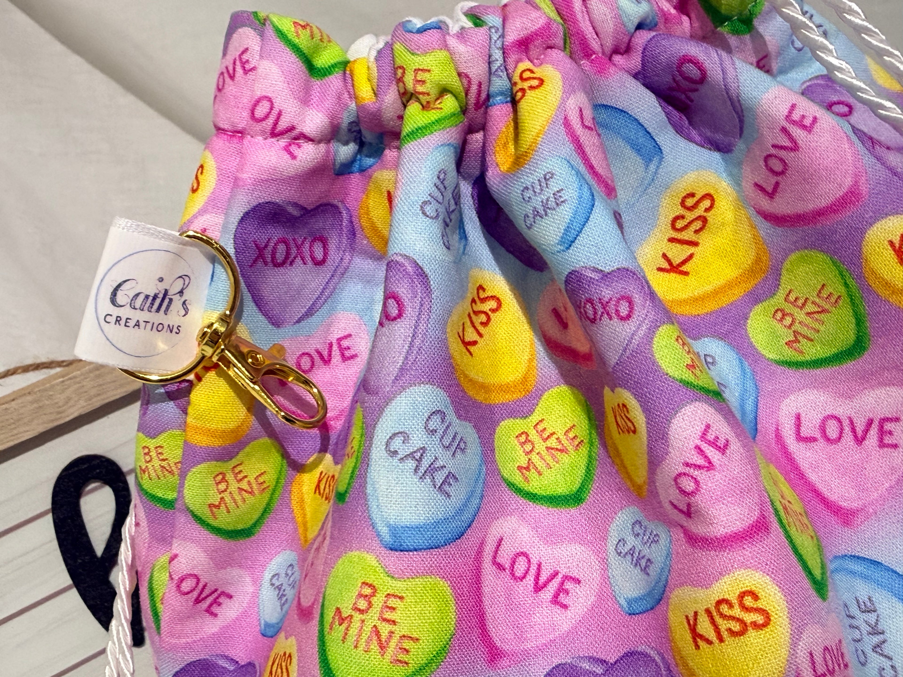 Handmade love heart messages fabric Knitting Project Bag, Reversible Drawstring Pouch ideal for sock size projects