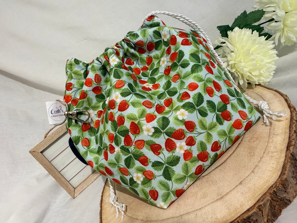Handmade strawberry fabric Knitting Project Bag, Reversible Drawstring Pouch ideal for sock size projects