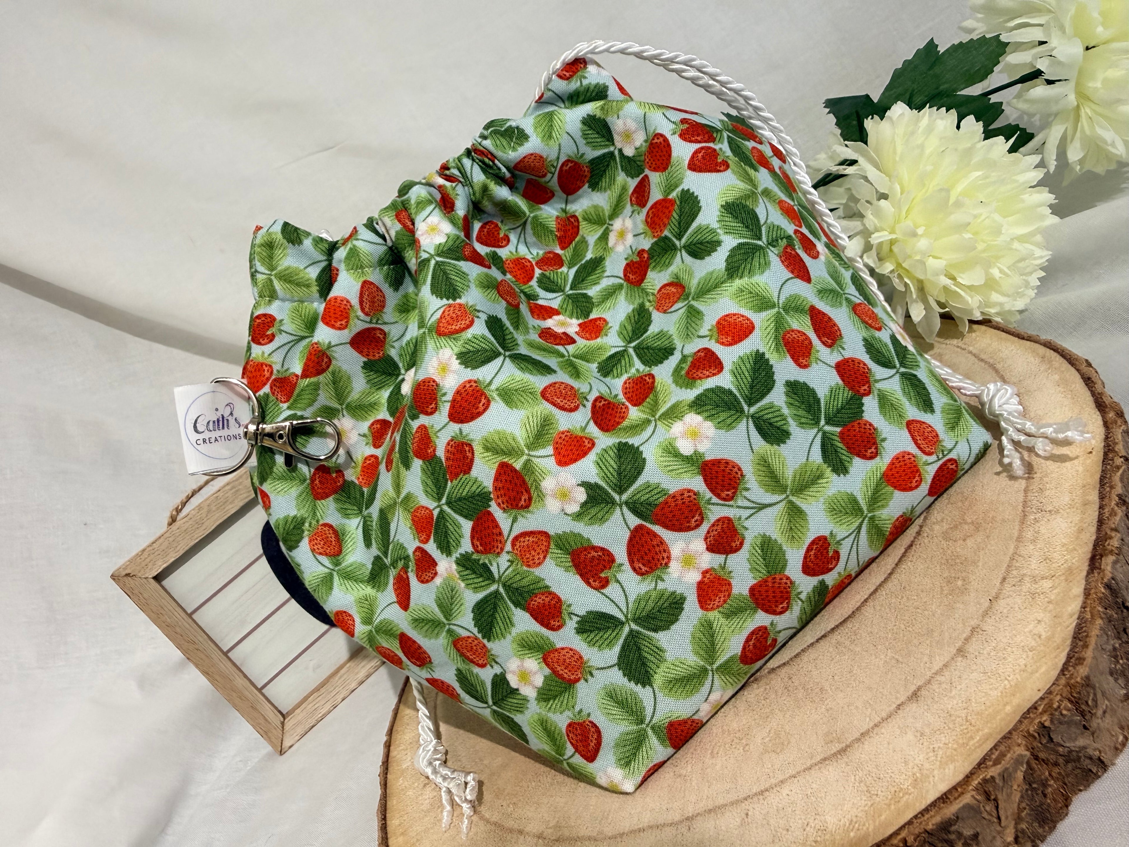 Handmade strawberry fabric Knitting Project Bag, Reversible Drawstring Pouch ideal for sock size projects