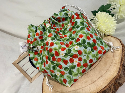 Handmade strawberry fabric Knitting Project Bag, Reversible Drawstring Pouch ideal for sock size projects