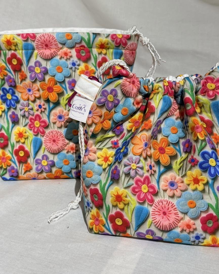Handmade Floral Knitting Project Bag, Reversible Drawstring Pouch ideal for sock size projects