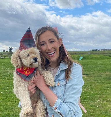 Wolfie with his birthday Bandana and hat